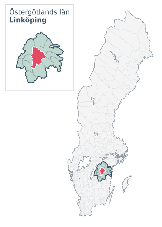 Översiktskarta över Linköping kommun i Östergötlands län, med kommunens läge i Sverige.
