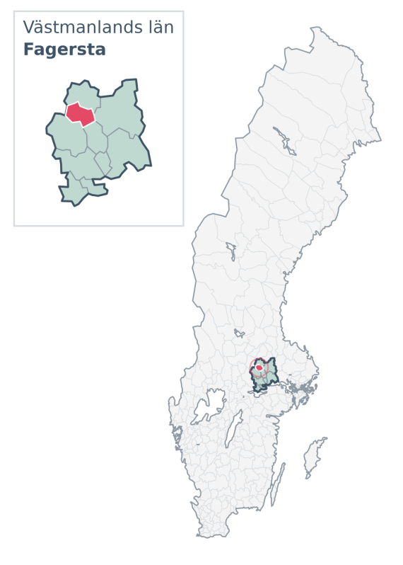 Översiktskarta över Fagersta kommun i Västmanlands län, med kommunens läge i Sverige.