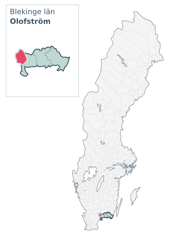 Översiktskarta över Olofström kommun i Blekinge län, med kommunens läge i Sverige.