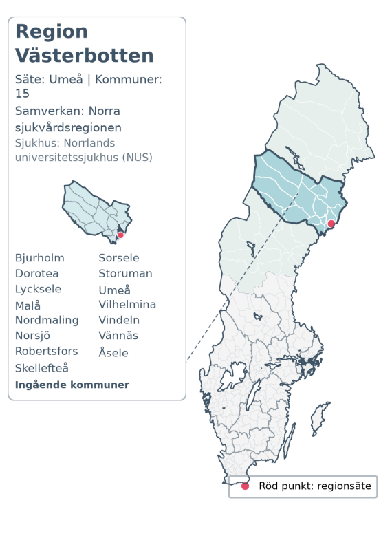 Översiktskarta över Region Västerbotten. Regionen är markerad i Sverige.