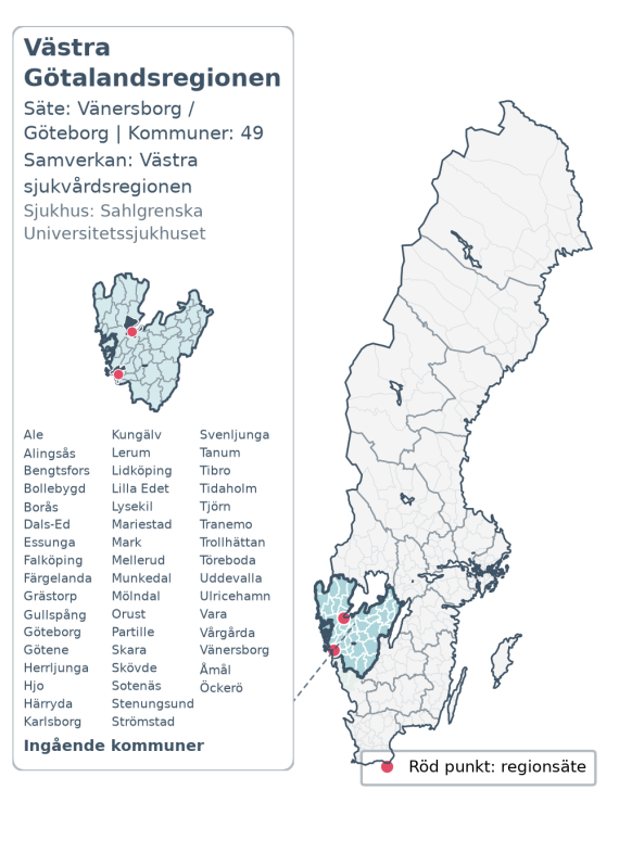 Översiktskarta över Västra Götalandsregionen. Regionen är markerad i Sverige.