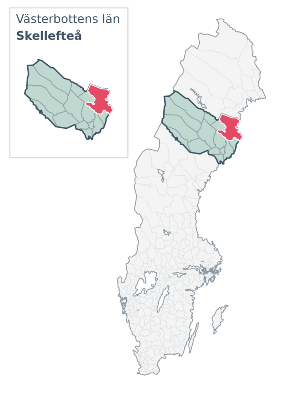 Översiktskarta över Skellefteå kommun i Västerbottens län, med kommunens läge i Sverige.
