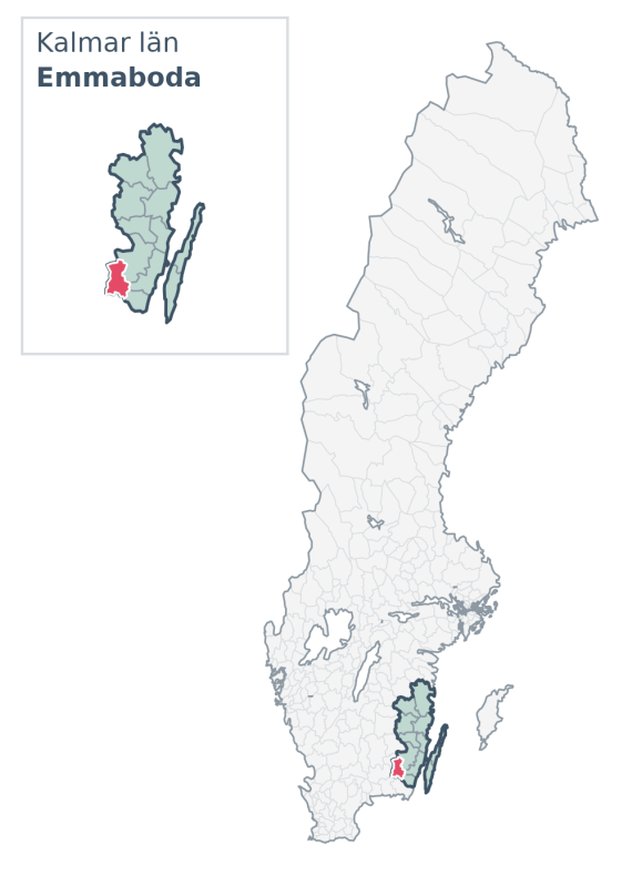 Översiktskarta över Emmaboda kommun i Kalmar län, med kommunens läge i Sverige.