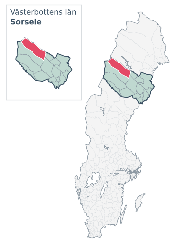 Översiktskarta över Sorsele kommun i Västerbottens län, med kommunens läge i Sverige.