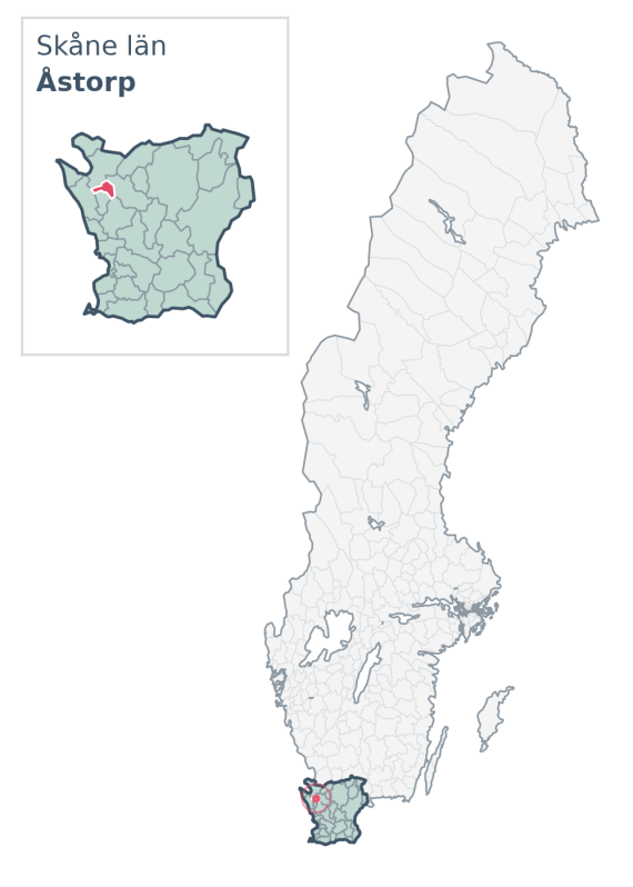 Översiktskarta över Åstorp kommun i Skåne län, med kommunens läge i Sverige.