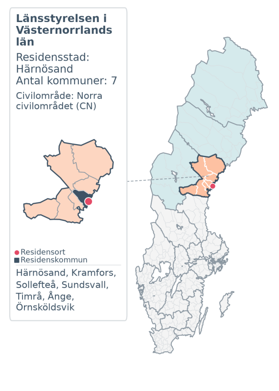 Översiktskarta över Länsstyrelsen i Västernorrlands län. Länet är markerat i Sverige och inom sitt civilområde.
