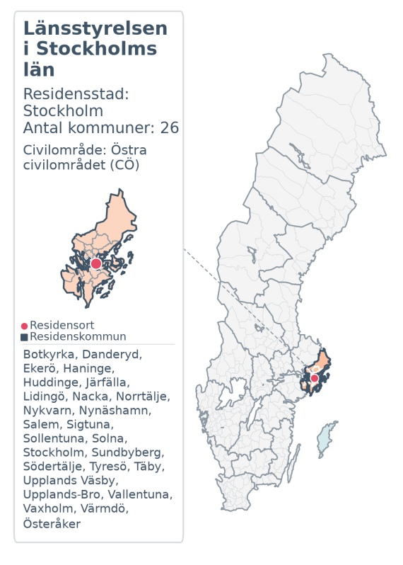 Översiktskarta över Länsstyrelsen i Stockholms län. Länet är markerat i Sverige och inom sitt civilområde.