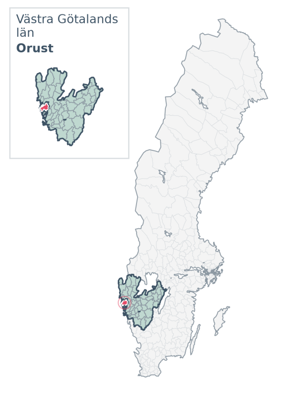 Översiktskarta över Orust kommun i Västra Götalands län, med kommunens läge i Sverige.