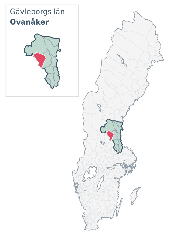 Översiktskarta över Ovanåker kommun i Gävleborgs län, med kommunens läge i Sverige.