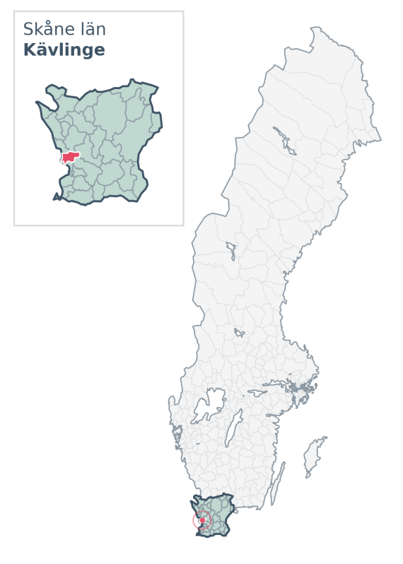 Översiktskarta över Kävlinge kommun i Skåne län, med kommunens läge i Sverige.