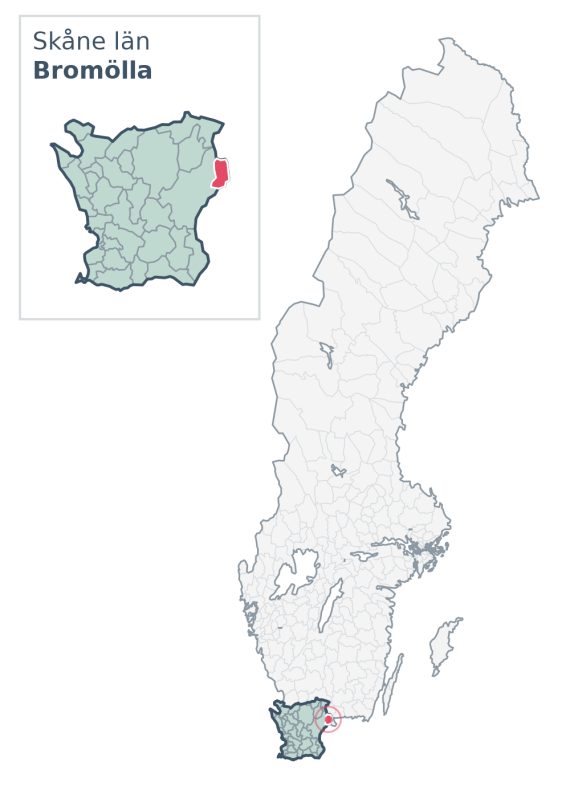 Översiktskarta över Bromölla kommun i Skåne län, med kommunens läge i Sverige.