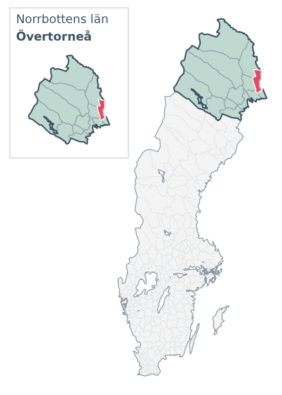 Översiktskarta över Övertorneå kommun i Norrbottens län, med kommunens läge i Sverige.