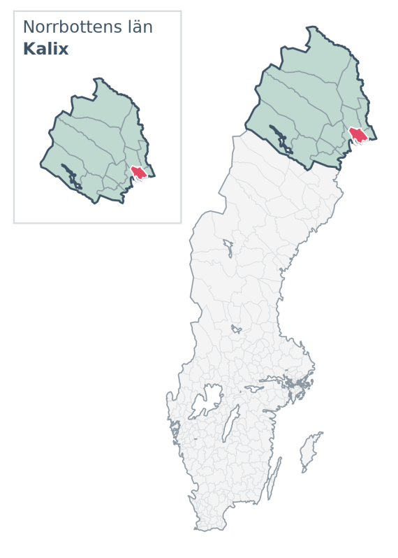 Översiktskarta över Kalix kommun i Norrbottens län, med kommunens läge i Sverige.