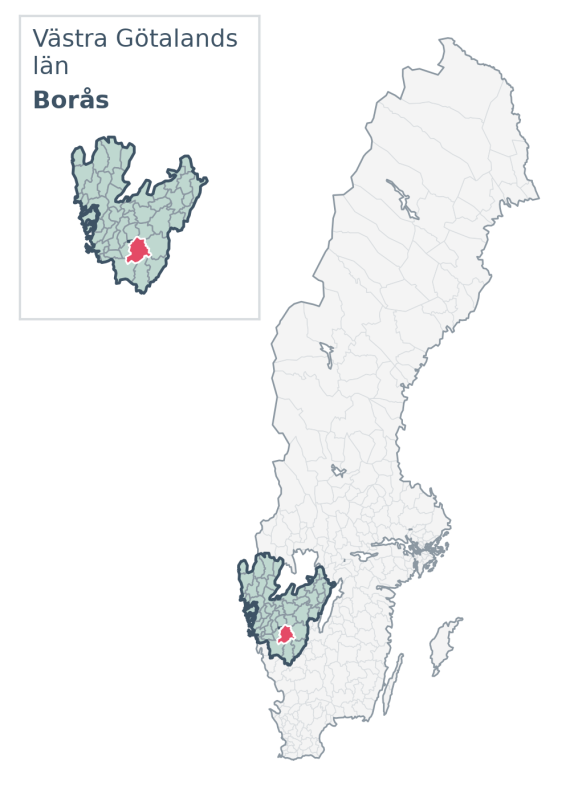 Översiktskarta över Borås kommun i Västra Götalands län, med kommunens läge i Sverige.