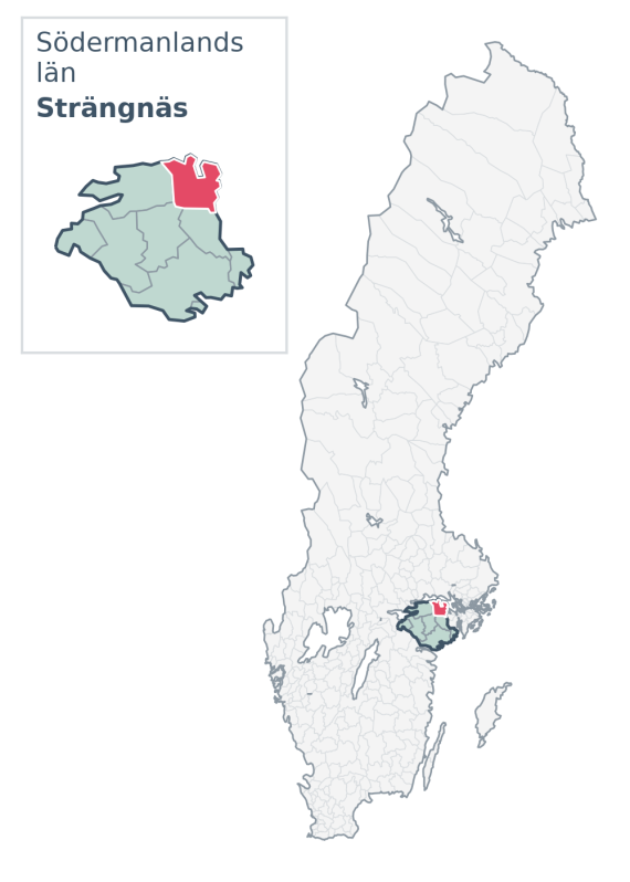 Översiktskarta över Strängnäs kommun i Södermanlands län, med kommunens läge i Sverige.