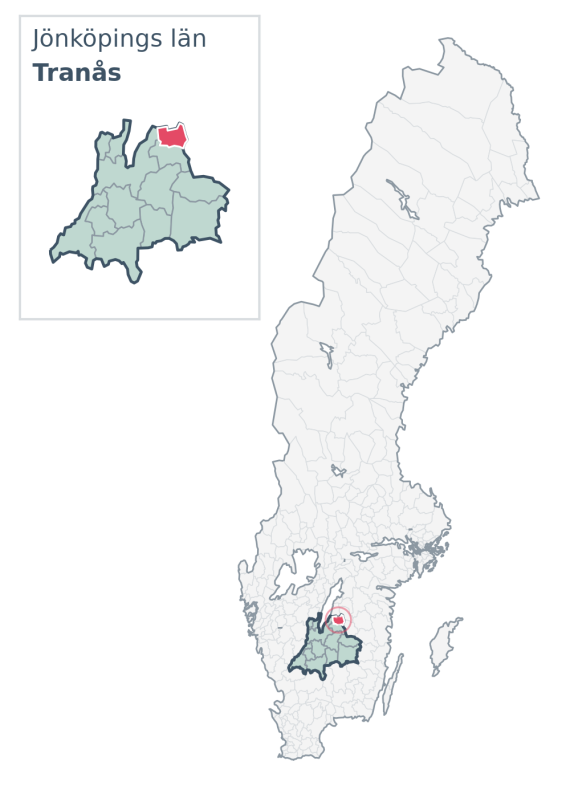 Översiktskarta över Tranås kommun i Jönköpings län, med kommunens läge i Sverige.