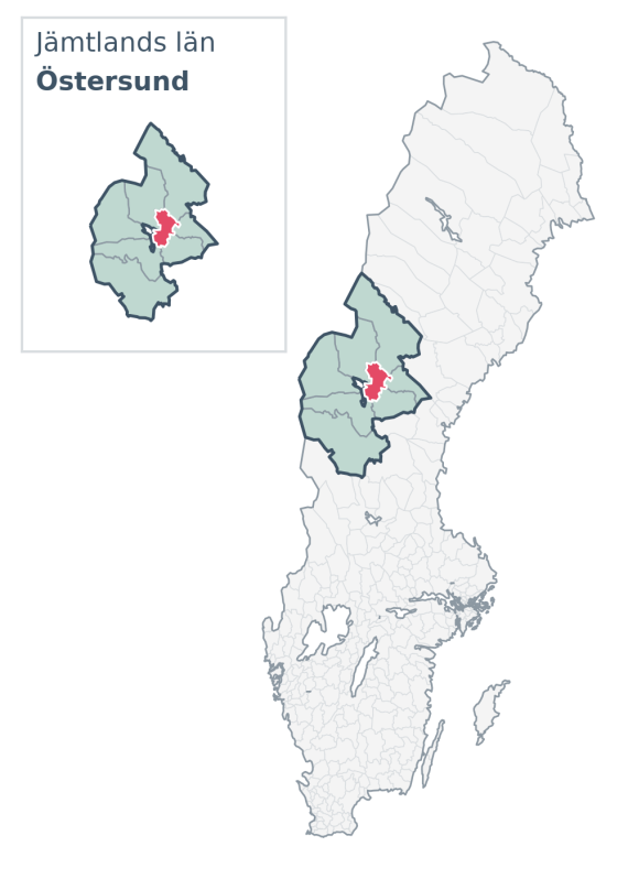 Översiktskarta över Östersund kommun i Jämtlands län, med kommunens läge i Sverige.