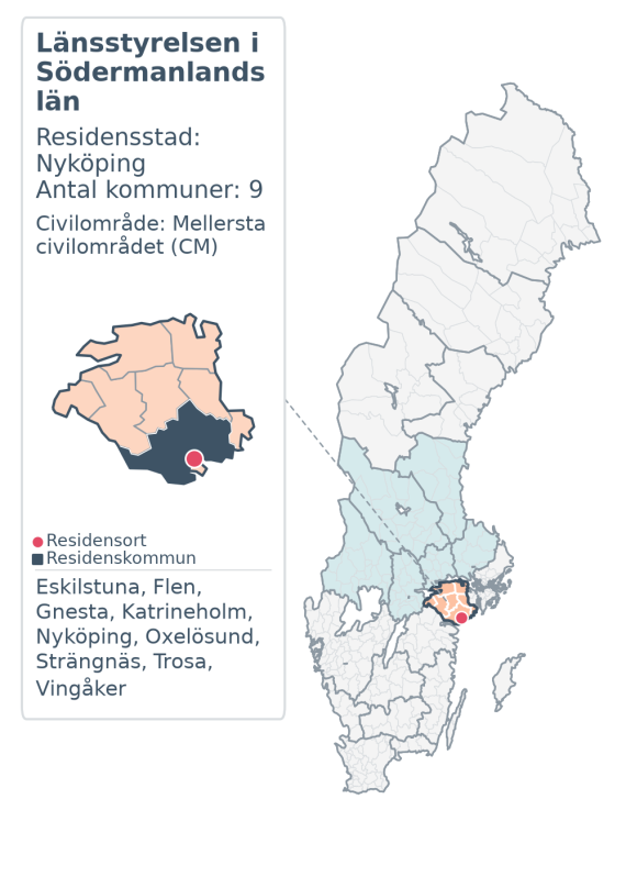 Översiktskarta över Länsstyrelsen i Södermanlands län. Länet är markerat i Sverige och inom sitt civilområde.