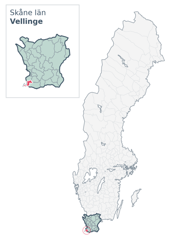 Översiktskarta över Vellinge kommun i Skåne län, med kommunens läge i Sverige.
