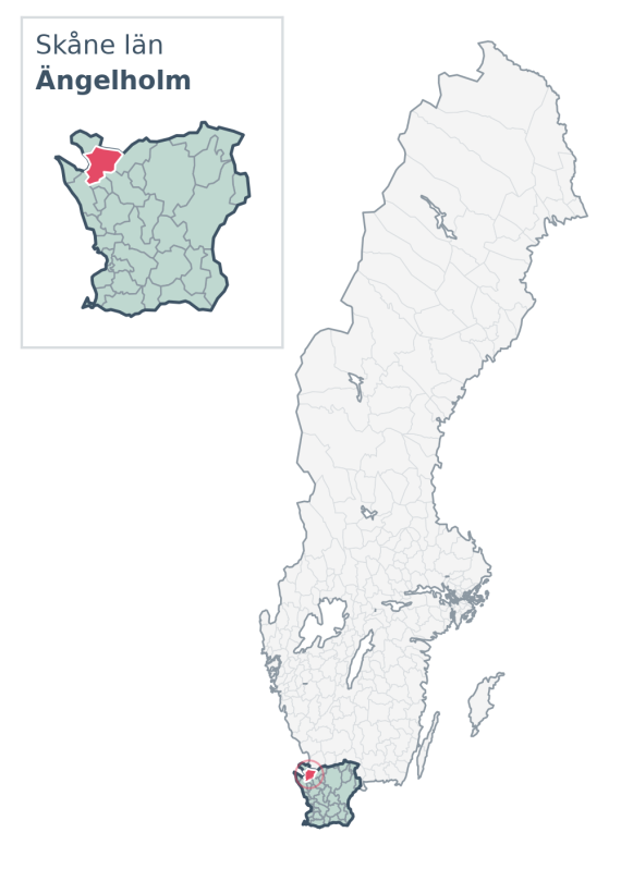 Översiktskarta över Ängelholm kommun i Skåne län, med kommunens läge i Sverige.