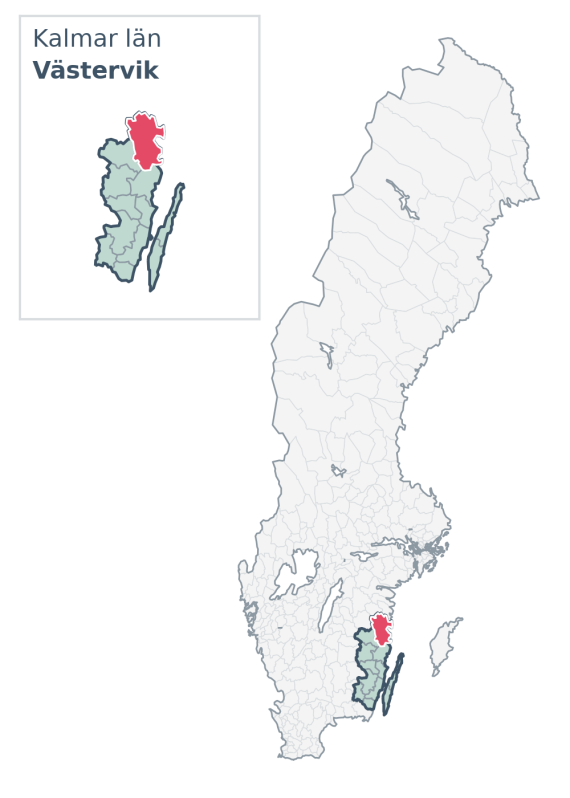 Översiktskarta över Västervik kommun i Kalmar län, med kommunens läge i Sverige.