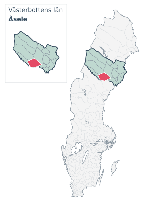 Översiktskarta över Åsele kommun i Västerbottens län, med kommunens läge i Sverige.