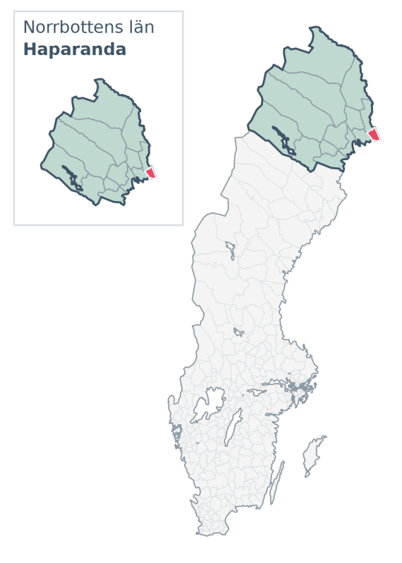 Översiktskarta över Haparanda kommun i Norrbottens län, med kommunens läge i Sverige.
