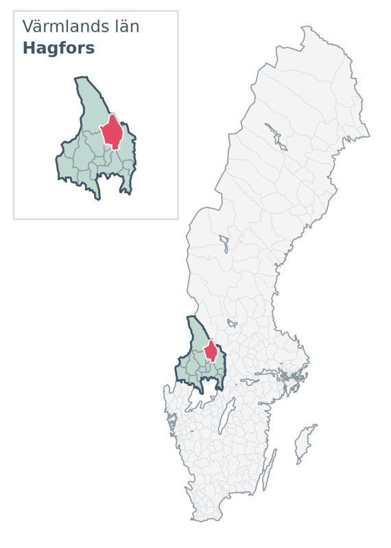 Översiktskarta över Hagfors kommun i Värmlands län, med kommunens läge i Sverige.