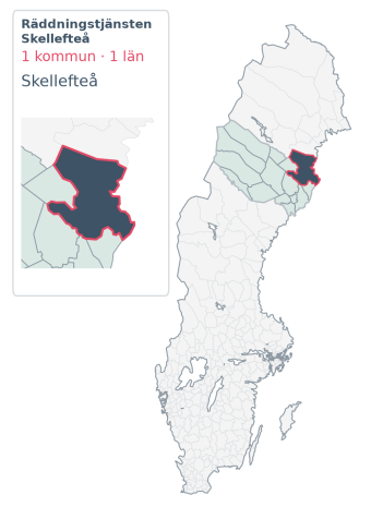 Täckningskarta för Räddningstjänsten Skellefteå. 1 medlemskommuner enligt Klick Datas organisationslista.