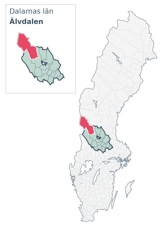 Översiktskarta över Älvdalen kommun i Dalarnas län, med kommunens läge i Sverige.