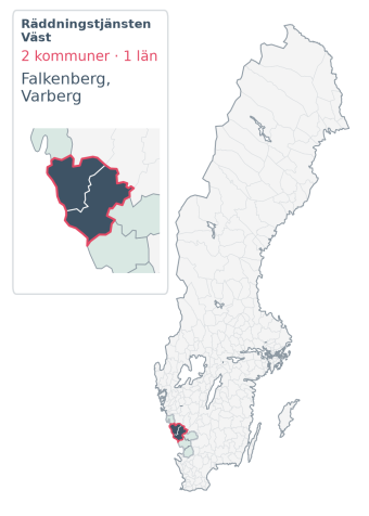 Täckningskarta för Räddningstjänsten Väst. 2 medlemskommuner enligt Klick Datas organisationslista.