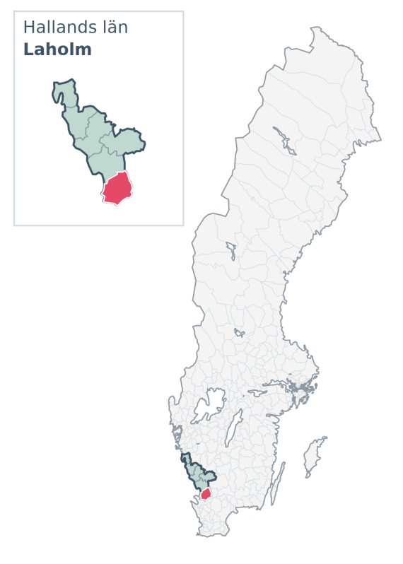 Översiktskarta över Laholm kommun i Hallands län, med kommunens läge i Sverige.