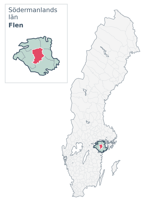 Översiktskarta över Flen kommun i Södermanlands län, med kommunens läge i Sverige.