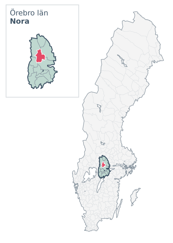 Översiktskarta över Nora kommun i Örebro län, med kommunens läge i Sverige.