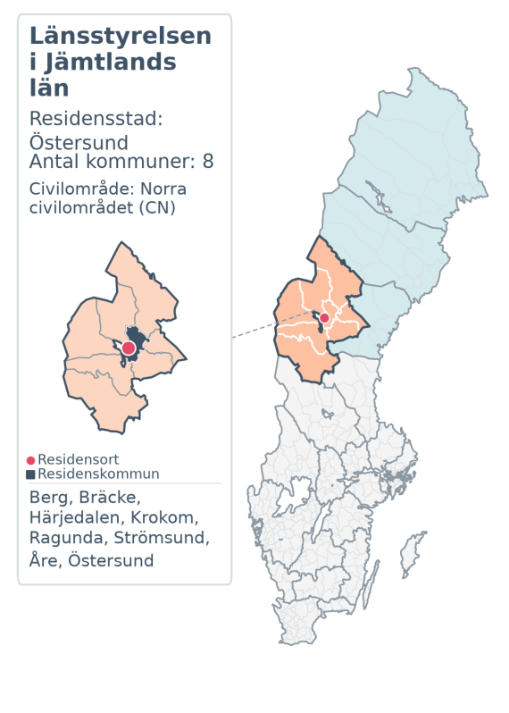 Översiktskarta över Länsstyrelsen i Jämtlands län. Länet är markerat i Sverige och inom sitt civilområde.