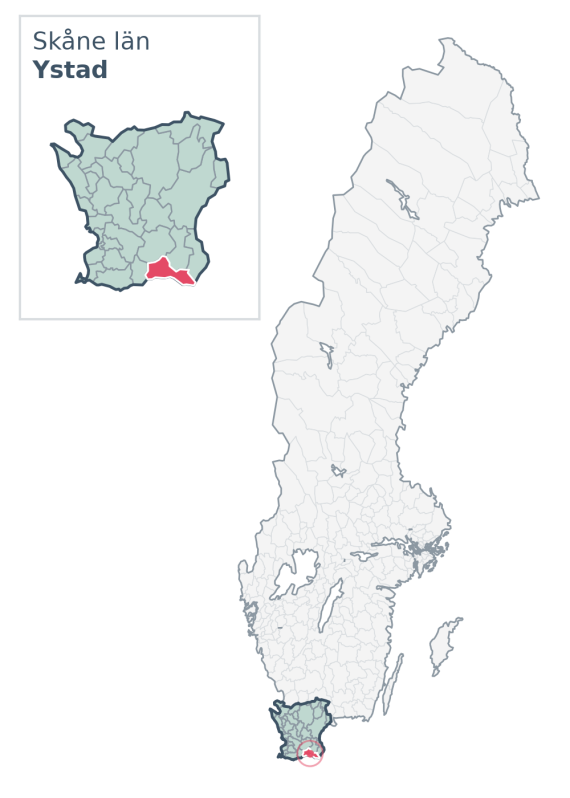 Översiktskarta över Ystad kommun i Skåne län, med kommunens läge i Sverige.