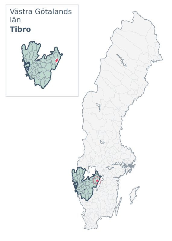 Översiktskarta över Tibro kommun i Västra Götalands län, med kommunens läge i Sverige.