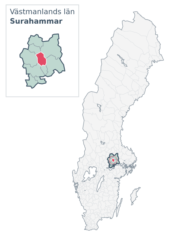 Översiktskarta över Surahammar kommun i Västmanlands län, med kommunens läge i Sverige.
