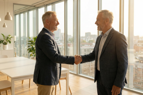 Två personer skakar hand efter en överenskommelse.
