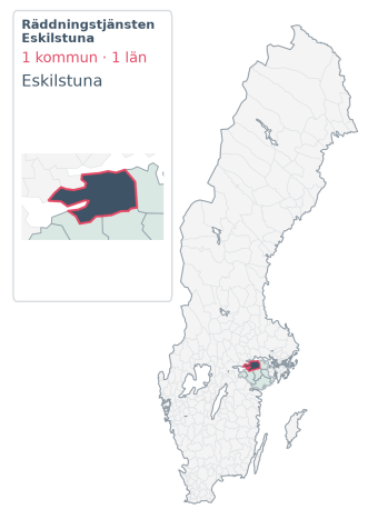 Täckningskarta för Räddningstjänsten Eskilstuna. 1 medlemskommuner enligt Klick Datas organisationslista.