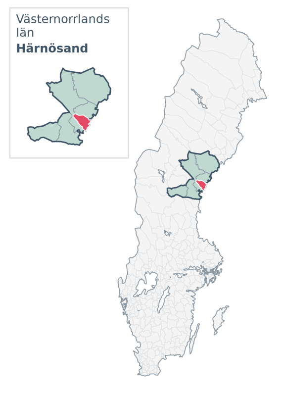 Översiktskarta över Härnösand kommun i Västernorrlands län, med kommunens läge i Sverige.