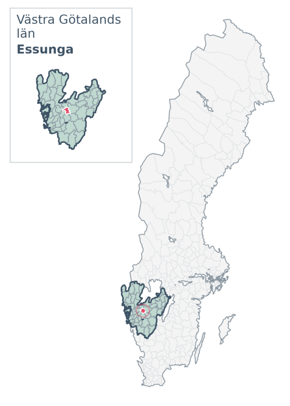 Översiktskarta över Essunga kommun i Västra Götalands län, med kommunens läge i Sverige.