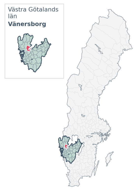 Översiktskarta över Vänersborg kommun i Västra Götalands län, med kommunens läge i Sverige.