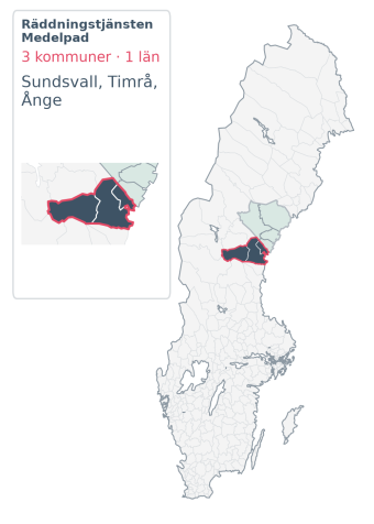 Täckningskarta för Räddningstjänsten Medelpad. 3 medlemskommuner enligt Klick Datas organisationslista.