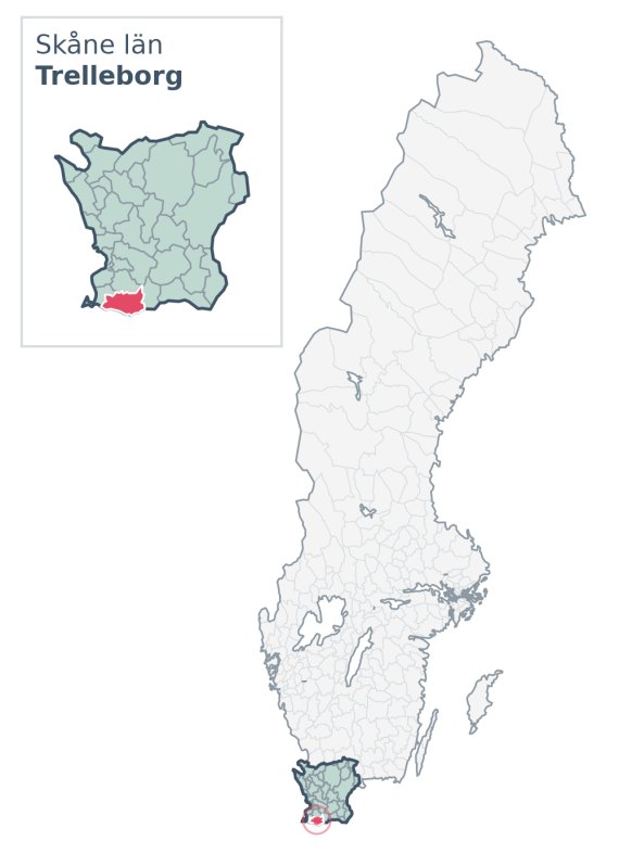 Översiktskarta över Trelleborg kommun i Skåne län, med kommunens läge i Sverige.