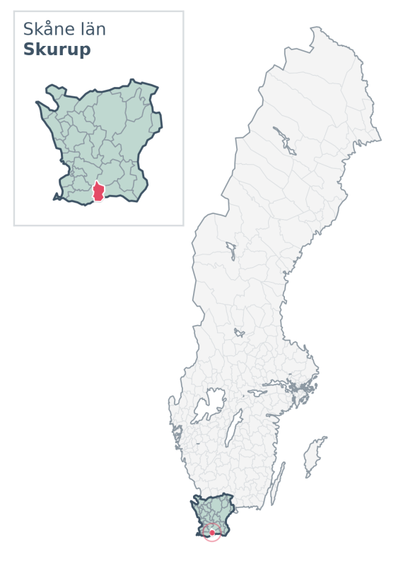 Översiktskarta över Skurup kommun i Skåne län, med kommunens läge i Sverige.
