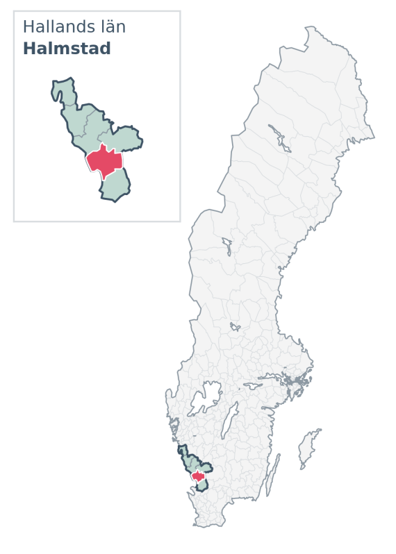 Översiktskarta över Halmstad kommun i Hallands län, med kommunens läge i Sverige.