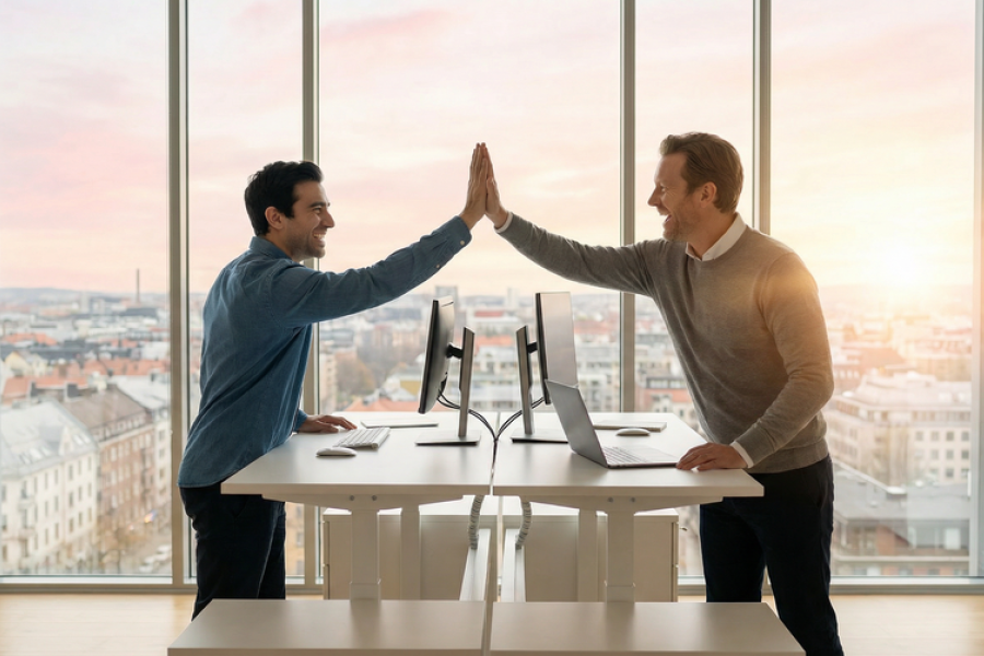 Två kollegor gör en high five över ett skrivbord i en ljus kontorsmiljö.
