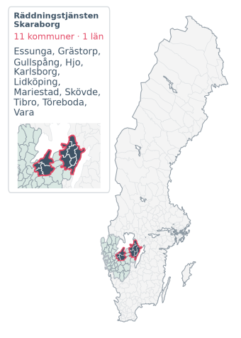 Täckningskarta för Räddningstjänsten Skaraborg. 11 medlemskommuner enligt Klick Datas organisationslista.