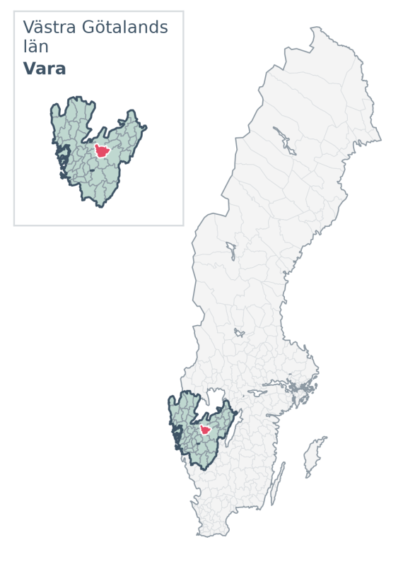 Översiktskarta över Vara kommun i Västra Götalands län, med kommunens läge i Sverige.